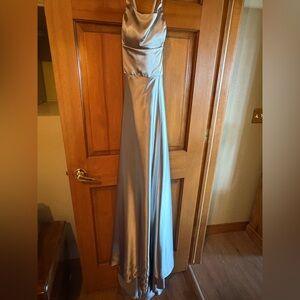 Satin Silver Evening Gown - Sleeveless, cross crops strapped back